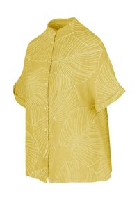 Camicia a maniche corte con bottoni in lino giallo chiaro con motivo a foglie bianche, dotata di colletto alla cinese e vestibilità rilassata.