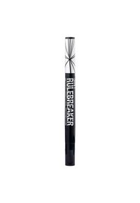 Pennarello per eyeliner nero con design elegante. Presenta un cappuccio argentato con un motivo geometrico e il testo audace "Rulebreaker" sul corpo.