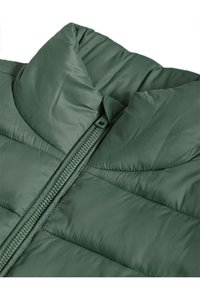 Grön puffjacka med hög krage, som har en framficka med dragkedja och kviltad textur. Mjuk, glansig tyg med synliga sömnadsdetaljer.