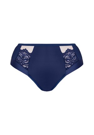 Mutande alta in tessuto blu navy, realizzate in un materiale liscio con dettagli in pizzo ai lati. Presentano una base solida con un elaborato dettaglio in pizzo.
