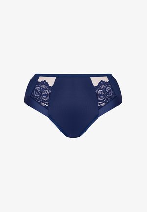 Marineblå højtsiddende undertøj lavet af glat stof med blonde detaljer på siderne. Har en solid base med intrikate blondeudsmykninger.