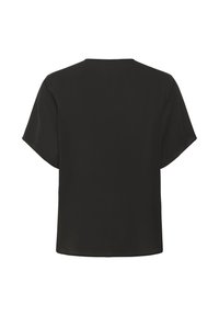 Sort kortærmet top med løs pasform, rund halsudskæring og glat tekstur. Bagsiden viser rene linjer og minimal detaljer.