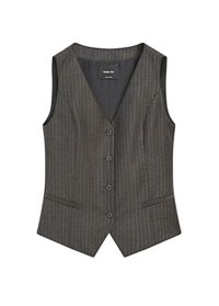 Gilet senza maniche grigio scuro a righe con quattro bottoni, due tasche frontali a patta e colletto a V.