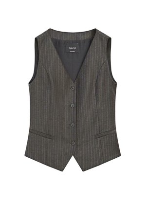 Dark gray pinstripe sleeveless vest with four buttons, two front welt pockets, and a V-neck collar.