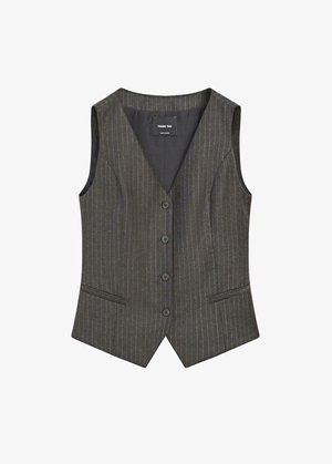 Donkergrijs gestreept mouwloos vest met vier knopen, twee voorzakken en een V-hals.