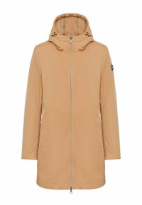Hellbeige Kapuzenjacke mit Reißverschluss, zwei Seitentaschen und einem Logo-Patch am Ärmel. Glatte Textur mit lockerem Schnitt.