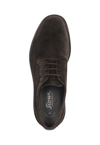 Chaussure en daim marron à lacets avec un bout rond, doublure intérieure lisse et semelle en caoutchouc. Marque visible sur la semelle intérieure.
