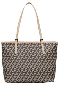 Tote taske med geometrisk brun og beige mønster, tan læderhåndtag og -detaljer, struktureret rektangulær form og tekstureret stof.