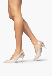 Décolleté grigio chiaro con punta affusolata, esterno in pelle liscia, cinturino elastico e tacco piccolo e resistente.