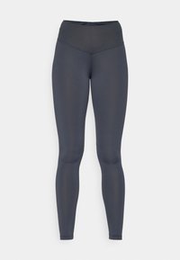 High-waisted leggings in dark gray, made of stretchy fabric, featuring a smooth texture and a fitted design that tapers at the ankles.