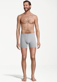 Boxer shorts in cotone grigio con una vita elastica, design aderente e senza motivi visibili, indossati da un modello maschile in piedi.
