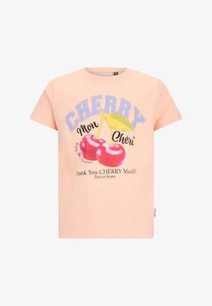 Jasno brzoskwiniowy t-shirt z krótkim rękawem z grafiką dwóch wiśni, dużym napisem "CHERRY" oraz frazami "Mon Chéri" i "Thank You CHERRY Much!"