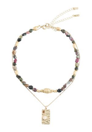 Double-layer necklace with gold chain and multicolored stone beads, featuring a textured rectangular gold pendant with two inset stones.