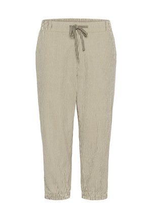 Pantaloni cu dungi verticale bej și albe, cu talie elastică, șnur reglabil, buzunare laterale și glezne strânse cu elastic.