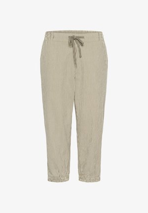 Pantalon beige et blanc à rayures verticales avec une ceinture élastique, un cordon de serrage, des poches latérales et des poignets élastiqués froncés.