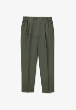 Proste spodnie w kolorze oliwkowej zieleni z elastycznym pasem, bocznymi kieszeniami i mankietami u dołu, przedstawione na płasko na białym tle.