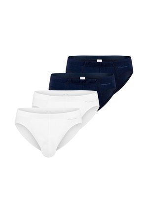 Twee witte en twee zwarte katoenen herenslips in twee rijen gerangschikt op een witte achtergrond, vooraanzicht.