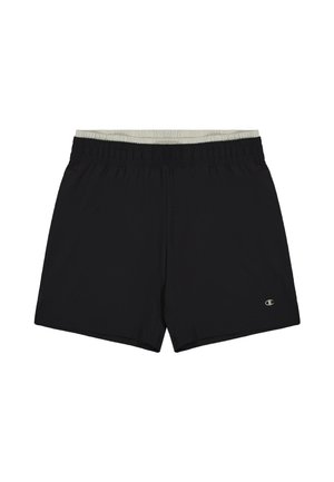 Zwarte zwembroek met een gestructureerde lichtgrijze elastische tailleband en een klein logoaccent. Gemaakt van lichtgewicht, snel drogend materiaal.