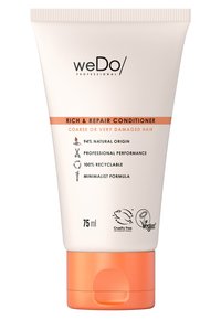 75 ml witte knijpfles met een oranje basis, met tekst die "Rich & Repair Conditioner" voor beschadigd haar aangeeft en ecovriendelijke iconen.
