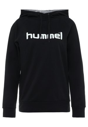 Zwarte hoodie gemaakt van zachte stof, met een wit "hummel" logo op de voorkant en trekkoorden in de capuchon.