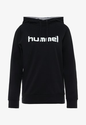 Zwarte hoodie gemaakt van zachte stof, met een wit "hummel" logo op de voorkant en trekkoorden in de capuchon.