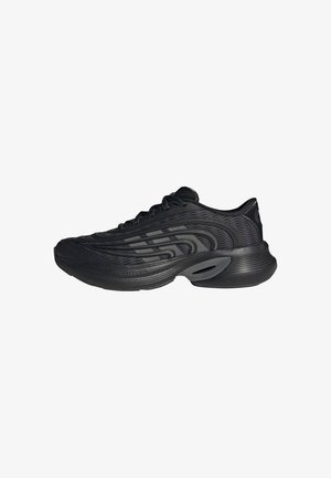 Black athletic shoe featuring a textured upper, streamlined design, and cushioned sole with ventilation ports for breathability.