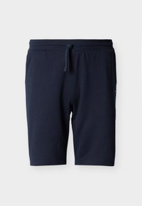 Σκούρο μπλε σορτς με κορδόνι, ελαστική μέση, ίσια κοπή και μήκος έως το γόνατο, σε απλό ανοιχτό φόντο.