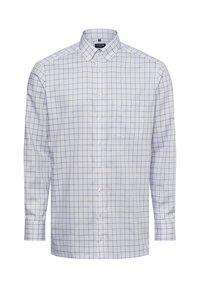 Camicia a maniche lunghe azzurro chiaro e bianca a quadri con colletto button-down, taschino singolo sul petto e vestibilità classica. Il materiale sembra tessuto.
