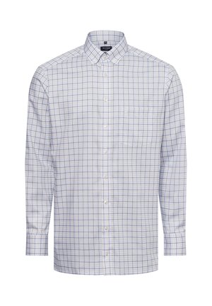 Hellblau-weiß kariertes Langarmhemd mit Button-down-Kragen, einer Brusttasche und klassischer Passform. Das Material wirkt gewebt.