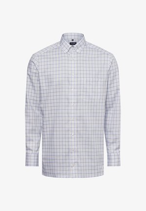 Light blue and white checked long-sleeve shirt with a button-down collar, single chest pocket, and a classic fit. Material appears woven.