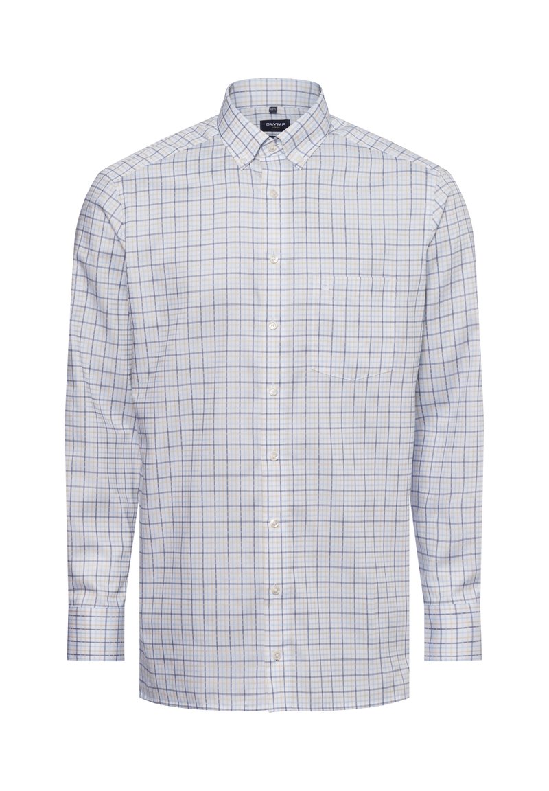 Camicia a maniche lunghe azzurro chiaro e bianca a quadri con colletto button-down, taschino singolo sul petto e vestibilità classica. Il materiale sembra tessuto.