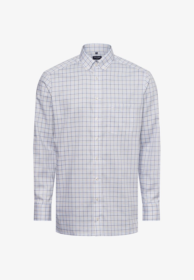 Chemise à manches longues à carreaux bleus clairs et blancs avec un col boutonné, une poche poitrine unique et une coupe classique. Le matériau semble tissé.