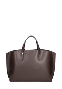 Sac fourre-tout en cuir marron avec des poignées robustes, une finition lisse et un léger brillant. Comprend des accessoires en métal et un design à ouverture sur le dessus.