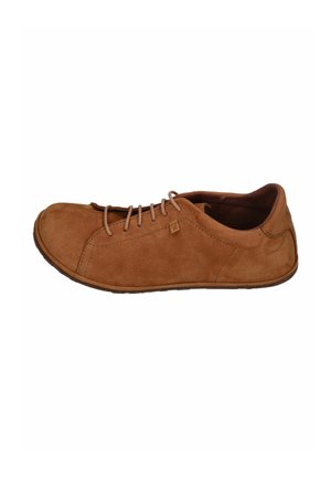 Brown leather casual lace-up shoe with low profile sole and soft texture, shown from the side on a white background.