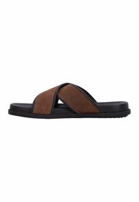 Infradito marroni con design incrociato. Realizzati in tessuto testurizzato e gomma. Suola piatta con leggera scolpitura per una presa migliore.