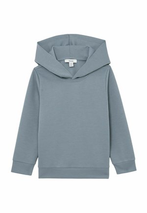 Šviesiai pilkas gobtuvu megztinis, pagamintas iš minkštos, lygaus audinio. Turi platų kaklo iškirpimą ir ilgomis rankovėmis su ribbingu apykaklėmis.