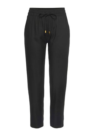 Black, lightweight jogger pants with an elastic waistband and adjustable drawstring. Features two gold-tone metal accent ends.