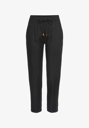 Schwarze, leichte Jogginghosen mit einem elastischen Bund und verstellbarem Kordelzug. Mit zwei goldfarbenen metallischen Akzentenden.