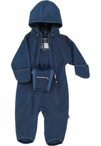 Kellon sininen fleece-yhdistepuvusto, jossa on huppu, etuvetoketju ja rannekankaat. Sisältää rinnassa olevan taskun säilytystä varten. Pehmeä rakenne.