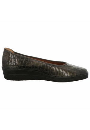 Women's dark gray flat shoe with crocodile texture, rounded toe, and low black sole.