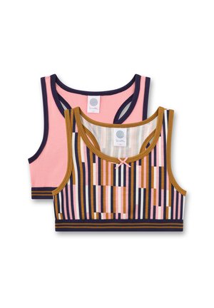Zwei Crop-Tops für Mädchen, eines einfarbig pink mit marineblauem Rand, das andere gestreift in Pink, Marineblau, Weiß und Braun mit einer kleinen pinken Schleife und braunem Rand.