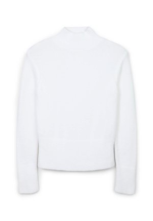 Weißer Rollkragensweater aus weichem Strickmaterial mit langen Ärmeln, gerippten Bündchen und körperbetontem Schnitt, der eine glatte Textur aufweist.