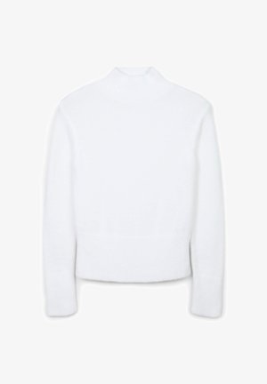 Weißer Rollkragensweater aus weichem Strickmaterial mit langen Ärmeln, gerippten Bündchen und körperbetontem Schnitt, der eine glatte Textur aufweist.