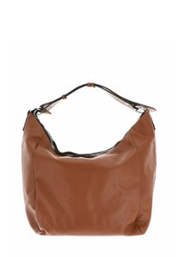 Sacoche en cuir marron avec une finition texturée, dotée d'une fermeture éclair sur le dessus et d'une sangle bicolore pour un transport confortable.