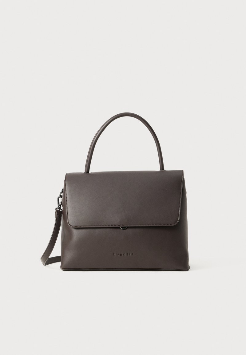Dunkelgraue Lederhandtasche mit Klappenverschluss, einem Tragegriff, abnehmbarem Schulterriemen und eingeprägtem Markenlogo auf der Vorderseite.