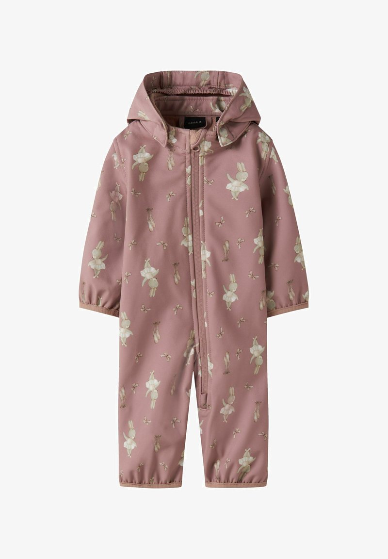 Ružový dažďový oblek s kapucňou, s kvetinovým vzorom zajaca. Vyrobený z vodoodpudivého materiálu, obsahuje predný zips a elastické manžety.