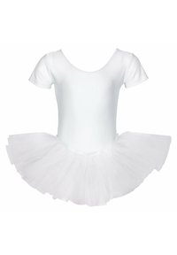Weißes Ballettkleid mit tailliertem Oberteil und kurzenärmeln sowie einem mehrlagigen Tüllrock. Weicher, leichter Stoff und glatte Textur.