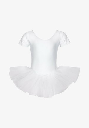 Weißes Ballettkleid mit tailliertem Oberteil und kurzenärmeln sowie einem mehrlagigen Tüllrock. Weicher, leichter Stoff und glatte Textur.