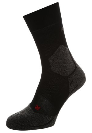 Calzino nero e grigio scuro con struttura a maglia, tallone e punta rinforzati, con accento del logo rosso. Lunghezza a metà polpaccio e design atletico.