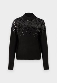 Maglione nero con maniche lunghe, colletto alto e parte frontale decorata con paillettes nere di diverse dimensioni, creando un motivo testurizzato.